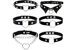 Conruich Pack of 6 Leather Choker Women's Heart Pendant Choker Adjustable PU Leather Necklace Set Metal Ring Collar Black Punk Rock Gothic Collar with Circle Heart for Women Accessories