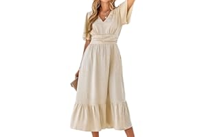 BebreezChic Letnia sukienka damska, długa, w stylu boho, elegancka sukienka z krótkim rękawem, dekolt w serek, wysoka talia, szwajcarska kropka, marszczona sukienka plażowa