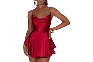 LouVasabuce Satin-Kleid für Frauen, sexy, rückenfreies, kurzes Kleid mit Rundhalsausschnitt, zum Binden am Hals, Schichtenkleid mit Spaghetti-Träger, Jumpsuit, Minikleid