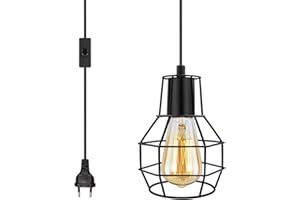 ABEIADY Lampadario Cucina Industriale con Spina Lampadario a Sospensione Vintage con Interruttore Lampada a Sospensione Metallo Nero Lampadario Moderno a Sospensione E27 con Paralume, per Balcone Soggiorno