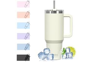 WATERSY 1182 ml Termo con Asa, Grande Taza Termica Acero Inoxidable, 40oz Taza de Café con Pajita, Termo de Agua para Frío y Caliente, Travel Mug Doble Pared, para Gimnasio, Viaje (Beige)