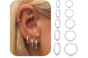 Geveay Sterling Silver Earrings for Women 5 Pairs Small Silver Hoop Earrings Hypoallergenic Mini Tiny Stacks Cartilage Hoops Helix Huggies Earrings For Women 6/8/10/12/14mm