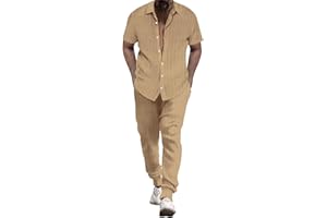 Bkazwe Set da 2 Pezzi in Lino da Uomo Completi Estivi per Le Vacanze al Mare, Camicia a Maniche Corte Casual abbottonata Set di Pantaloni Lunghi Larghi