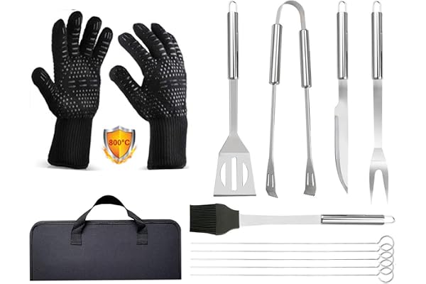 9 stycken grillredskap + grillhandskeuppsättning, verktygssats i rostfritt stål, dubbla värmebeständiga ugnshandskar -1472 ° F / 800 ° C, används för grillning, grillning, bakning, öppen spis