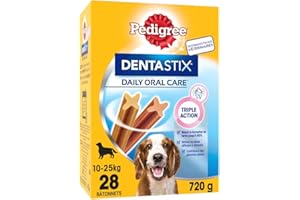 PEDIGREE DENTASTIX Sticks Dentaires pour Moyen Chien 10-25kg - 112 Bâtonnets à Mâcher (Lot de 16 Sachets de 7 Friandises)- Hygiène Bucco-dentaire, Scientifiquement Prouvé, Nettoyage Dents au Quotidien