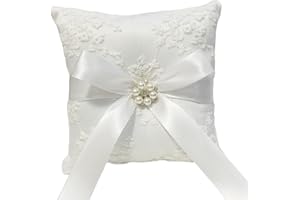 LAUREL & MASON White Satin Wedding Ring Pillow - Lace Bow Pearls Cushion Bearer Wedding Decorations 13cm