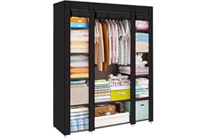 JF HOME BLISS Fabric Wardrobe for Bedroom, Large Canvas Clothes Storage Organizer with Hanging Rail & 6 Shelves - 126x43x165cm, Dustproof Portable Closet for Bedroom, Living Room & Dorm(Large Black)
