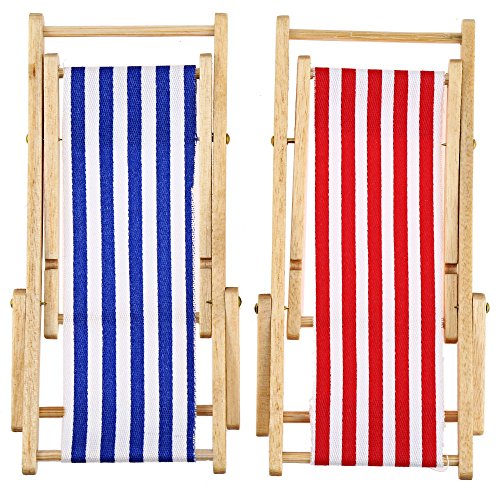 2PCS * 1:12 Miniature Foldable Dollhouse Beach Chair Model Toys Stripe Red/Blue Outdoor Chaise Longue Furniture Accessories (Radom Color)