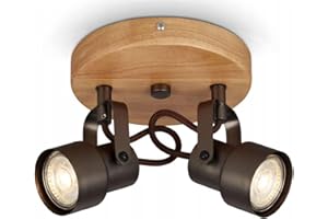 Briloner - Faretto, da parete, lampada da parete retro, vintage, faretto girevole e orientabile, 2 x GU10, 5 Watt, 460 Lumen, 3000 Kelvin, legno e metallo, grigio anticato, Ø15,5 cm
