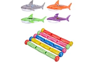 TOPWAYS® Zestaw zabawek do nurkowania na basenie dla dzieci, zawiera 5 szt. podwodnych kijków do nurkowania, 4 szt. zabawek do pływania z rekinem