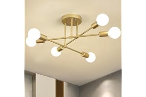 COOINJOY Chandelier Sputnik Ceiling Light, 6 Lights E27 Gold Modern Chandelier, Semi-Flush Mount Ceiling Lamp Vintage Ceiling Lighting for Living Room, Bedroom, Dining Room, Kitchen(no Bulb no Shade)