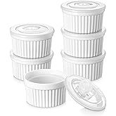 vancasso 6 oz Ramekins with Covers, Souffle Dishes Set of 6, 9.5cm White Porcelain Creme Brulee Ramekins, Baking Cups for Pud
