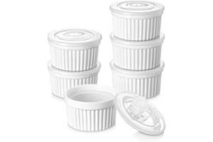 vancasso Pirottini per Soufflé Set con Coperchi, 6 X 200 ml Stampi per Soufflé, Mini Ciotole in Porcellana per Creme Brulè, Set da Stampi a Prova di Forno per Crema Pasticcera, Budino, Ø 9.5cm, Bianco