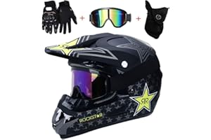 AMITD Rockstar Motocross Helmet Goggles Gloves Mask Adult Motorcycle ATV Off Road Helmet MTB Unisex Full Face Crash Helmets D.O.T Certified , Black , S(52~53)