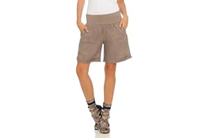 Mississhop Bermuda court en lin - Ample - Pour femmes - 100 % lin - Avec boutons - Pour l’été et la plage, Fango avec trois boutons.
