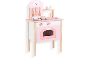 WOODENFUN Cuisine en Bois Rose pour Enfants avec Évier, Cuisinière, Four et Accessoires - Jeu de Cuisine à Partir de 3 Ans
