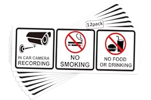 WELL TILE Confezione da 12 cartelli con scritta in lingua inglese "No Smoking in Car Camera Recording No Eating or Drinking Signs 4,4 x 12,7 cm - Auto Veicoli di sicurezza adesivi per finestrini, alimenti e