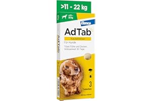 AdTab Hunde Zecken- und Flohschutz (über 11 bis 22 kg), Kautablette tötet Zecken und Flöhe schnell ab und schützt einen Monat lang, leicht zu verabreichen (3 St. pro Packung)