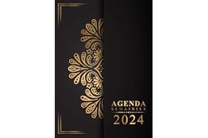 Agenda 2024: Semainier 1 semaine sur 2 page,12 mois de Janvier à Décembre, Grand format A4 (Couverture Mandala Noir Dorée)