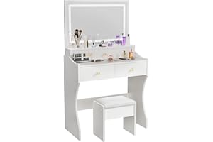 ZenkiHome Dressing Table, Vanity Desk with Large Mirror and Adjustable Lights, 80cm Dressing Table with Stool for Girls and Adults