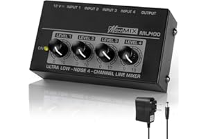 OFFCUP 4 Channel Audio Mixer, Mini 12V Compact Low Noise Line Mixer, Metal Karaoke Sound Mixers with Separate Volume Adjustment for Guitar Bass Keyboard Stage Microphone Mixer (Black)