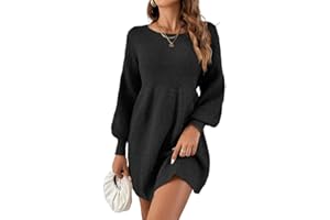Saodimallsu Vestido de punto para mujer, cuello redondo, mangas abullonadas, cintura alta, elegante, vestido de punto, vestido de línea A, mini vestido