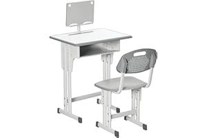 HOMCOM Kids Desk and Chair Set Adjustable Height Study Table Set w/Drawer, Book Stand, Pen Slot - Grey