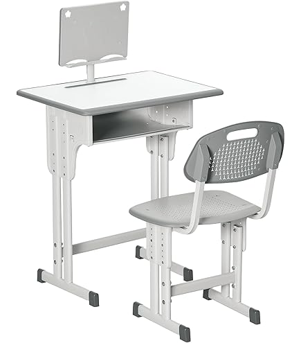 Scrivania Regolabile Per Bambini COSTWAY - Con Sedia Ergonomica, Piano Inclinabile, Grigio - Foto 13