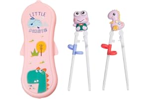 DSITNDAM 2 Paia di Bacchette da Allenamento, Bacchette per Bambini, Bacchette con Cartoni Animati di Animali, Antiscivolo, Adatte a Bambini e Principianti, Riutilizzabili, con Scatola Portaoggetti (Rosa)