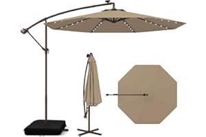 COSTWAY Parasol Déporté 3 x 3M, Grand Parasol de Jardin Extérieur Lumineux Solaire avec 2 Sacs de Sable, Base Croisée, Parasol Inclinable avec Manivelle, pour Balcon, Jardin, Terrasse Plage(Brun)