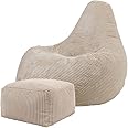 icon Dalton Cord Recliner Bean Bag with Footstool, Beige, Large Adult Bean Bag Chair with Filling Included, Comfy Chair, Living Room Furniture, Bedroom Furniture