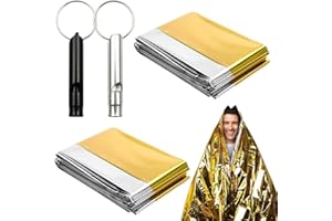 SGERUFZ 2 pezzi Coperta di Primo Soccorso e 2 pezzi Pifferaio di Sopravvivenza, Coperta di Emergenza Perfetta per Escursionismo all'Aperto, Telo Termico, Coperta Isotermica (210×160cm) (Oro Argento)
