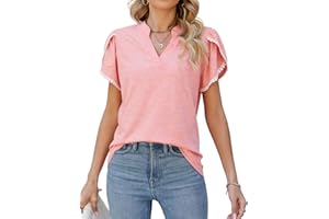 MEDUOLA Camiseta de Color Sólido para Mujer T-Shirt de Manga Pétalo Top Casual y Holgado con Cuello en V de Verano