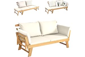 KOMFOTTEU Sofa ogrodowa z drewna, ławka ogrodowa, leżak z nakładką, regulowany leżak z obu stron, wielofunkcyjna ławka do ogrodu, na taras i balkon (biała)