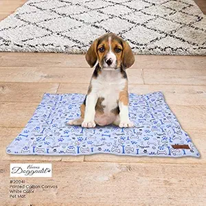 NUEVOS DOGGADIL Cotton Canvas Quilted Bone and Paw Print Rectangle Cat Dog Pet Bed Mattress| Foldable Pet Mat| Anti-Slip Machine Washable Pet Mats for Sleeping Relaxing, WHITE/ BLUE, S