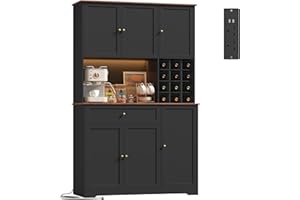 FirFurd Kitchen Cupboard Tall Kitchen Cabinets with LED, Power Outlet, Sideboard Storage Cabinet with Wine Rack for 12 Bottles, Countertop and Drawer Dining Room Furniture180x100x39cm Black