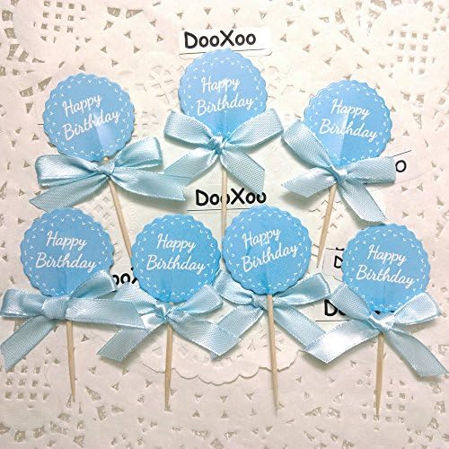 DOOXOO 12 Pieces Happy Birthday Blue Cupcake Toppers Child Boy Girl Kids for Party Favors Decoration Children Supplies