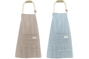 COYANYU Woman Apron with Pockets, 2 Pieces Blue and Coffee Stripe Adjustable Cotton Linen Kitchen Chef Bib Apron for Cooking, BBQ, Baking, Gardening, Household Cleaning, Restaurant