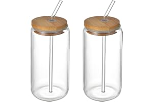 Blanketswarm 2Pcs Drinking Glasses with Bamboo Lids and Straws, Beer Can Glass Tumbler Glasses Ice Coffee Cup for Milk Coffee Ice Water Cocktail