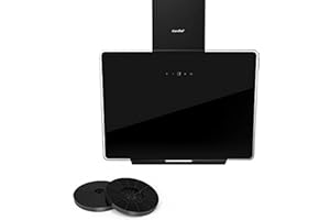 COMFEE' A+ Dunstabzugshaube 60cm CHK 3.6J64A1B Wandhaube aus gehärtetem Glas und Edelstahl mit Touchscreen, LED und Umluft- und Kanalsystem Wandmontierte Dunstabzugshaube, Schwarz