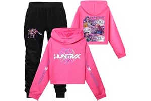 AYOrpeg Huntr/x Hoodie 2-teiliges Set für Mädchen Teenager Kurz Geschnittener Kapuzen Pullover Lange Hose Streetwear K-K-Pop Huntr/x Hoodie+Jogginghose Streetwear Outfit für K-K-Pop Fans