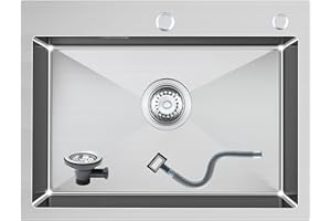 KEOKBON 600x450x190mm Handmade Kitchen Sink Topmount Stainless Steel Drop in Sink with Strainer Set and Overflow Flushmount or Topmount Installation Large Single Bowl