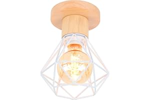 TOKIUS Lámparas de Techo Vintage 16CM Retro Lámpara Colgante Diseño de Jaula Blanco Iluminación de Techo en Hierro y Madera E27 Luz Colgante de Interior para Pasillo Dormitorio Salón (Plafón)