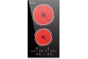 Disaenvir 2 Zone Ceramic Hob, 2 Ring Built-in Electric Hob 30cm, 3000W, Touch Control, 9 Heating Levels, Safety Lock, Timer, 220-240V