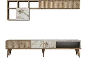 Dmora Parete attrezzata Gemini, Composizione Soggiorno, Mobile Salotto Multiuso, Armadio Porta TV, 180x35h40 cm, Noce e Bianco Marmo