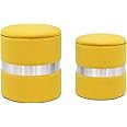 Joveco Round Velvet Storage Ottoman Set of 2 - Footrest Upholstered Footstool Side Table Seat Make Up Stool with Metal Band (Yellow)