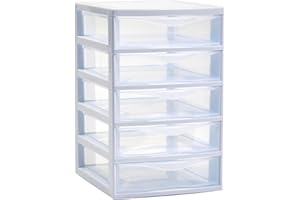 Acan Tradineur - Cajonera guadiana de sobremesa, incluye 5 cajones transparentes, torre de almacenaje, armario, baño, oficina, fabricada en España (Blanco, 28 x 18 x 21,5 cm, modelo aleatorio)
