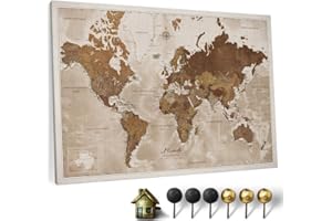 CANVASCALE Carte du monde en toile avec tableau d'affichage en liège - Labels en Français - Décoration murale décorative pour toutes les pièces - Tableaux sur toile (70x50 cm, Motif 17 French)