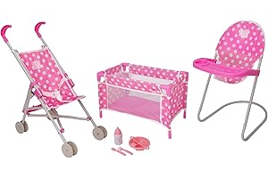HTI Nursey Playset | 7 Piece Nursery Playset Doll Highchair, Crib, Doll Car Seat & Reusable Cutlery Set | Prams, Pushchairs and Dolls Accessories for Boys & Girls Age 3+
