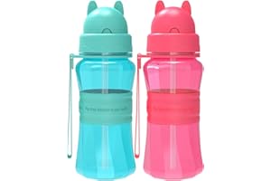 Sigdio Trinkflasche Kinder mit Strohhalm BPA frei 2er Set Kinder Wasserflasche Auslaufsicher Sporttrinkflaschen mit Tragegurt für Schule und Kindergarten (Hellblau-Rosarot)